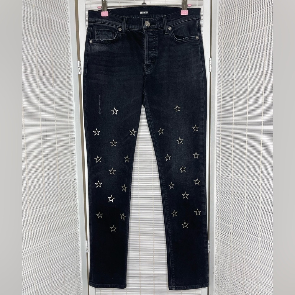 Hudson Riley Crop Relaxed Straight Leg Jeans Myth Black Star Grommets 25